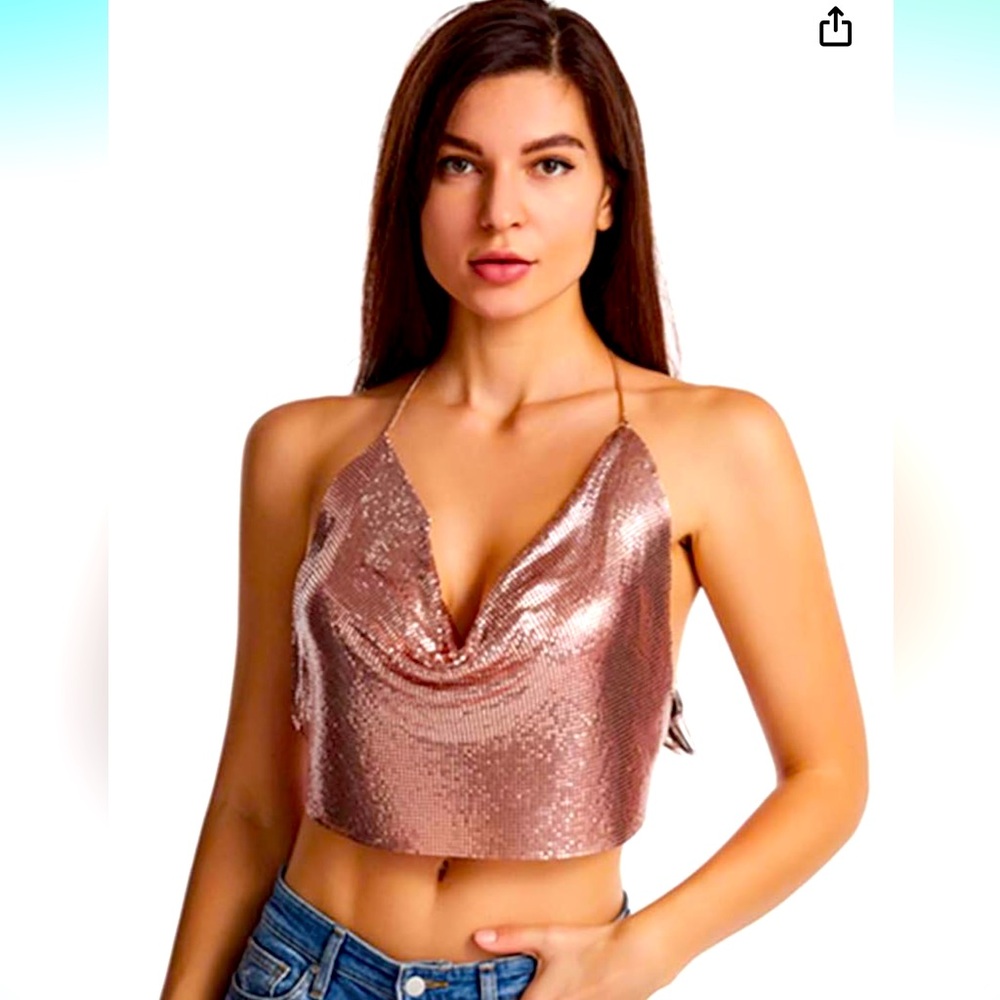 Rhinestone Backless Halter
Chain Crop Top